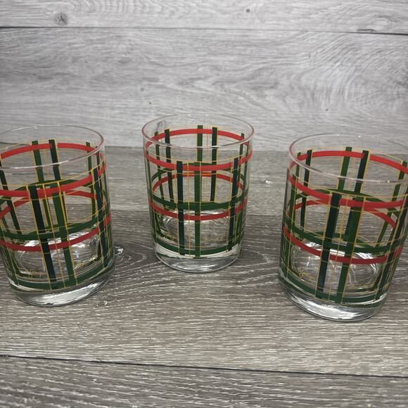 Georges Briard Rocks Glass Double Old Fashioned Red Green Gold Plaid 12oz~4 Pc - Picture 1 of 10